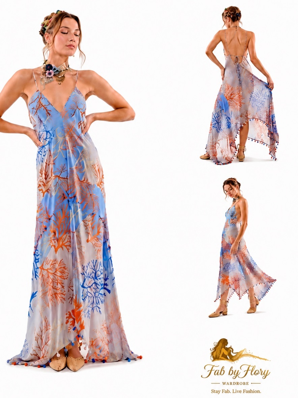 Aratta 🪸 Coral Fields Print | Midi/Maxi | Backless | Slip Dress | Sheer